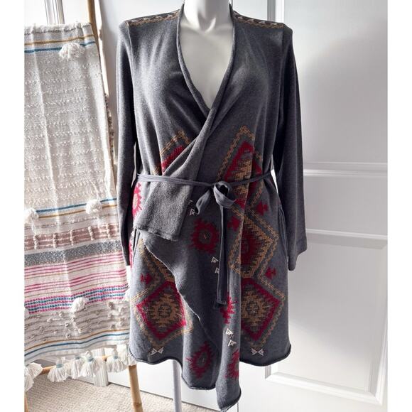 Johnny Was Grey Red Embroidered Aztec Wrap Draped Cardigan Sweater Women’s Large - Picture 1 of 9